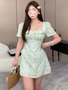 plus Size Floral Print Hollow out Square Neck Summer Dress Womens French Tea Break Mint Green A-Line Skirt Slimming Effect