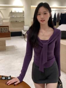 GATTIBOR | Áo Sweater Len Kẻ Sọc Hai Lớp Màu Tím cho Phụ Nữ Mùa Thu Sớm
