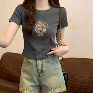 American Cotton Short Sleeve T-Shirt Women Summer New Design Slim Fit Waist Cinch Henry Shirt Short Top Korean Style Commute