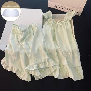 กุทัณฑ์สีเหลือง ผ้าฝ้าย ชุดนอน ผู้หญิง สไตล์ ฤดูร้อน ชุดอยู่บ้าน เซ็กซี่ หวาน บริการบ้านขนาดเล็กพร้อมแผ่นรองหน้าอก