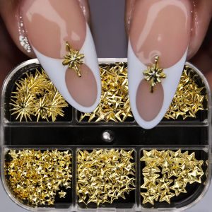 6/12Grids Gold Star Moon Metallic Rivet 3D Nail Charms Alloy Sun Moon Starlight Rhinestones Nail Studs For Nail Art Decoration
