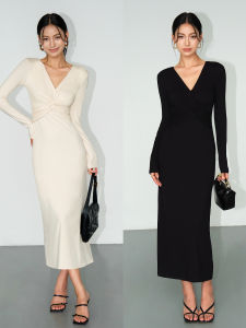 NEVA HU Black French V-neck Womens Slimming Design Long Dress Autumn Season Casual Style Knitted Dress Full Body Fit
