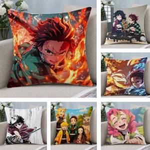 Bandai | Demon Slayer Kamado Tanjiro Anime Plush Pillow Cover Soft Short Plush Cushion Cover For Sofa Bedroom Home Decor Gift Decoration