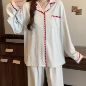 2PCS/Set Womens Long Sleeve Loose Sleepwear Loungewear Cardigan Korean Striped Womens Pajamas Fashion Casual Pajamas Homewear