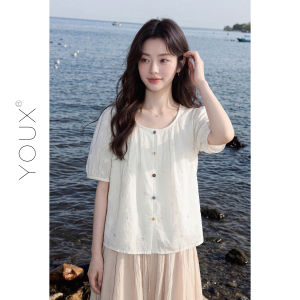 YOUXIANG | Áo Blouse Tay Ngắn Form Rộng Thêu Hoa Mùa Hè