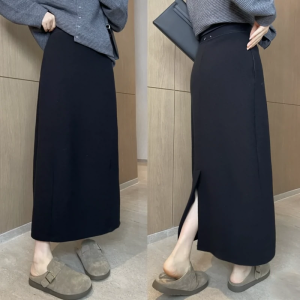 High Waist Black Asymmetrical Korean Style Womens Skirt Slimming Straight Cut Mid-Length Step-In Dressy Skirts for Autumn