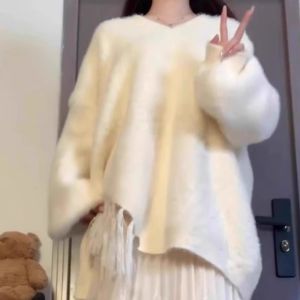 Womens Long Sleeve Knitted Sweater V-Neck Tassel Trim Faux Mink Autumn Winter Fashion Gentle Lazy Style Korean Loose Fit