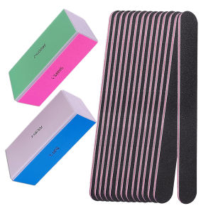 12 Pcs Nail File Set with 4-in-1 Buffing Blocks 10 Black Straight Emery Boards & 2 Polishing Blocks for Nails Shine Nail Care