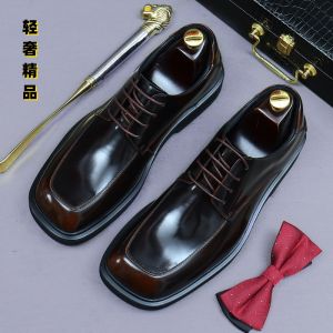 Genuine Leather Mens Shoes Bright Surface Derby Shoes Thick Bottom Heightening Patent Leather Wedding Shoes Business Casual Style