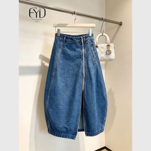 Blue Denim Womens Zippered Bubble Midi Skirt