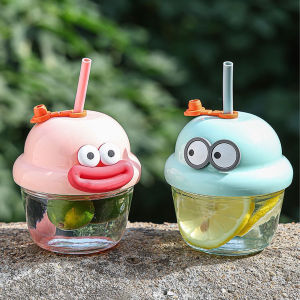 MaxPlus【Ready in Stock】 210ml Mini Glass Cup with Lid and Straw Cartoon Glass Milk Juice Cup