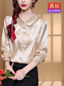 Elegant Chinese Style Long Sleeve Silk Shirt Womens Turn-down Collar Printed High-grade Lightweight  Silk Top