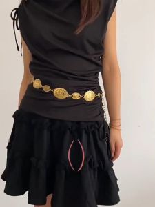 Fashion Bohemia Metal Waist Chain Circle Carved Chain Belt Vintage Hollowed-out Carved Dress Jewelry Accessory Crop Tops Retro New Womens Belt Oval Texture Buckle Decoration Metal Chain Waist Chain Versatile Ethnic Style Summer Fashion Body Chain