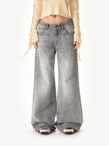 Apea | Light Gray Frayed Hem Rhinestone Distressed Acid Wash Loose Fitting Slimming Denim Pants