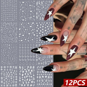 12Pcs 3D Laser Gold Flame Star Heart Nail Stickers Irregular Lines Bowknot French Chain Self-adhesive Slider DIY Manicure Decals