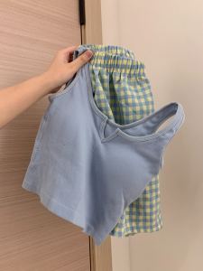 Korean Style Womens Sleepwear Set with Chest Pad Summer Thin Cotton V-neck Short Sleeve Home Clothes Outdoor Wear