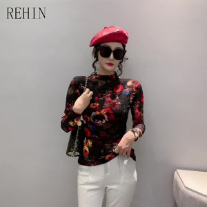 REHIN Womens top Autumn new slim fit high-neck fashion printing mesh long-sleeved T-shirt cotton blouse