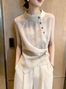OU ZHI YAN FASHION | Elegant Commuter Style Sleeveless Top for Women Apricot Color with Button Detail
