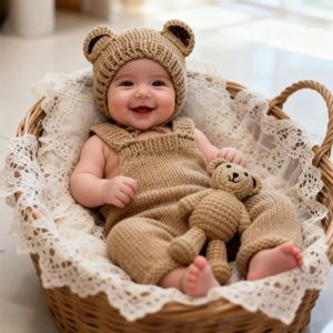 3pcs Baby Cute Bear Sets Newborn Photography Props Hand-knitted Hat Bear Doll and Overalls Sets Studio Photos Accessories