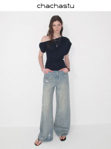 CHACHASTU | Quần Jeans Xòe Vintage Màu Xanh Rửa Bạc
