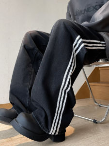 กางเกงยีนส์ขากว้างชาย American Oversize กางเกงขายาวทรงหลวมสไตล์ย้อนยุค 3 แถบ กางเกงยีนส์ทรงตรงสำหรับผู้ชาย