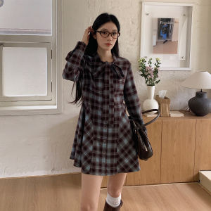 Chaocha Home Butterfly Knot Dress Womens Autumn 2025 New Design Sensation Small French Style Elegance Plaid Skirt