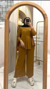 Atachi Setelan Rib Knit Wanita Lengan 7/8 & Celana Panjang