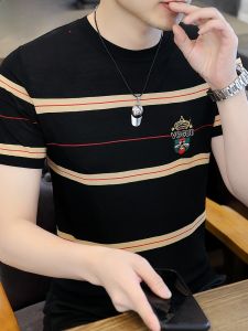 HENGYUANXIANG | Hengyuanxiang Mens Ice Silk Short Sleeve T-Shirt Knitted Half Sleeve Stripe Embroidery Summer High End Round Neck Cool Feeling