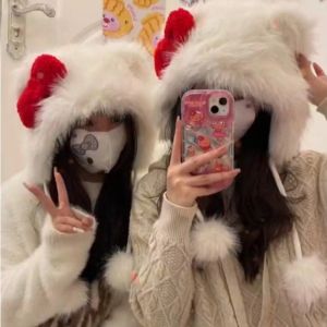 Cute Hello Kitty Bow Plush Hat Autumn Winter New Year Christmas Warm Plush Cap Girl Heart Warm Lei Feng Hat Antifreeze Ear Hat Women