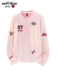 CHARLES JANGS HAPPY HEART | Slim Stripe Number Emblem Print Fashion Matchable Long Sleeve Tshirt