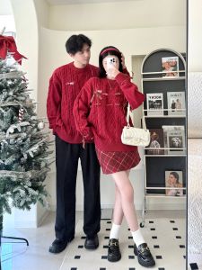New Year Couples Red Knitted Sweater Embroidered Outerwear Autumn Winter Christmas Celebration Return Home High-End Feeling