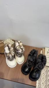 New Winter Girls Princess Leopard snow Boots Fashion Fluffy fur Childrens leather shoes kids All Match Short Boots SIZE 23-36