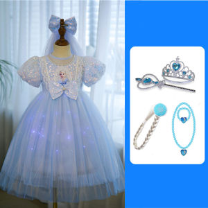 Elsa Princess Dress Girls Fashionable Glowing Autumn Dress Costume Childrens Fall Dress Ice And Snow Fairy Tale Short Sleeve round Neck