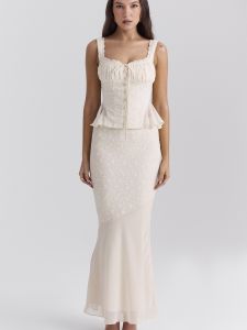 House Beautiful Romantic French Royal Style Cream Apricot Lace Patchwork Ruffled Spaghetti Straps Tops Mid-Length Dress Set