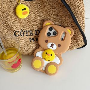 EOENKK | Cute Cartoon Rilakkuma Holding Chicken Silicone Phone Case For iPhone 17 16 15 14 13 Pro Max Plus 16e 17e Leg Stand Back Cover