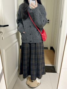 XUECAIQI | Korean Style Outfit Knitted Cardigan Base Shirt Checkered Skirt Three-piece Set