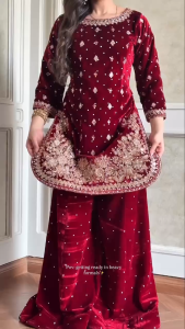 [PRE-ORDER] Ready Made Heavy Viscos Velvet With Heavy Embroidery Work Suit (10-15days delivery)