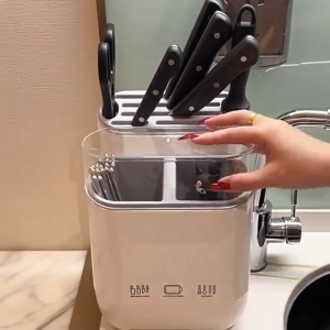 Kitchen Countertop Tableware Storage Box Integrated Knife Chopstick Holder Equipped with Transparent Dustproof Cover Drainage Organiser Rack for Knives Forks and Cutlery