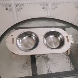 Pet Cat Dog Ceramic Bowl Double Wood Stand Base Stainless Steel Food Elevated Anti-Neck Water Feeder Drinking Dispenser