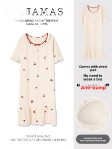 Plandoo Pure Cotton Sleep Dress with Chest Pad Womens Short Sleeve Summer Casual Home Wear Dress Floral Print Comfortable