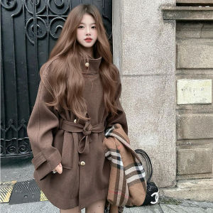 LEMON Korean stand-up collar coffee-colored woolen coat 2025 autumn and winter new drawstring waist small special edition shows thinness and temperament