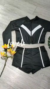 Bikini đồ bơi nữ đi biển 2 mảnh áo dài tay croptop kèm mút mỏng quần đùi cạp cao chất liệu thun lạnh BINSPORTS BHV205