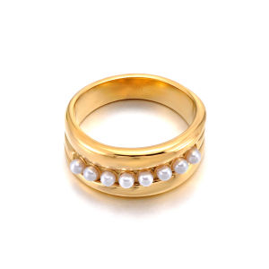 Lokaer 316L Stainless Steel Vintage Imitation Pearl Finger Rings for Women Fashion Gold Plated Waterproof Daily Jewelry R26004