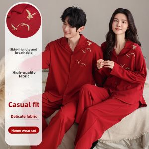 MiiOW | Couple Sleepwear Pure Cotton Long Sleeve New Wedding Red Home Clothes Set Casual Style Print Pattern Comfortable Soft Fabric