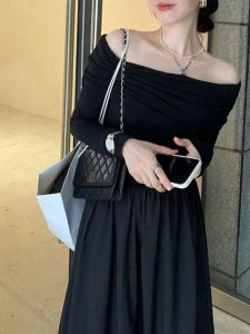 Fancy Black off-Shoulder Dress Womens Early Spring French Style Long Sleeve off-the-Shoulder Dress Waist-Tight Elegant A- line Skirt