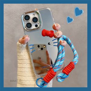 Hellokitty Mirror Surface Phone Case with Wrist Strap Cartoon Design Compatible with  16 15Promax 14 And More