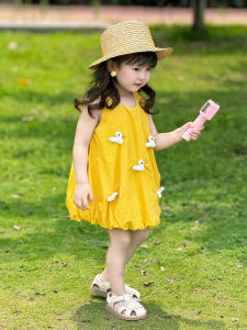 Cute Yellow Duck Princess Skirt for Girls Baby Summer Clothes Sleeveless Vest Dress Korean Style Cotton Cartoon Animation