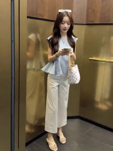 Summer New Style Korean French Ruffle Hem round Neck Splice Shirt Top Slim Casual Straight Leg Pants Two Piece Set Womens Fashion