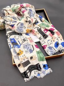 Womens Cotton Linen Scarf Original Design Cartoon Cat Autumn Winter Warm Shoulder Wrap Sun Protection Thin Beach Towel Travel