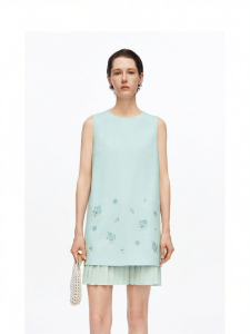 Vinegar Acetate Mix Green Flannel Beaded Sleeveless A-line Dress Patchwork Pleated